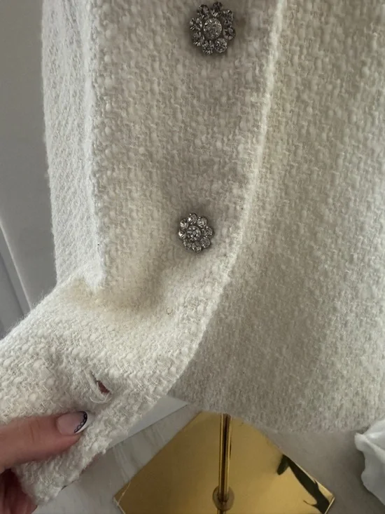 Aqua Ivory Bouclé Short-Sleeve Mini Dress with Decorative Buttons - Picture 4 of 8